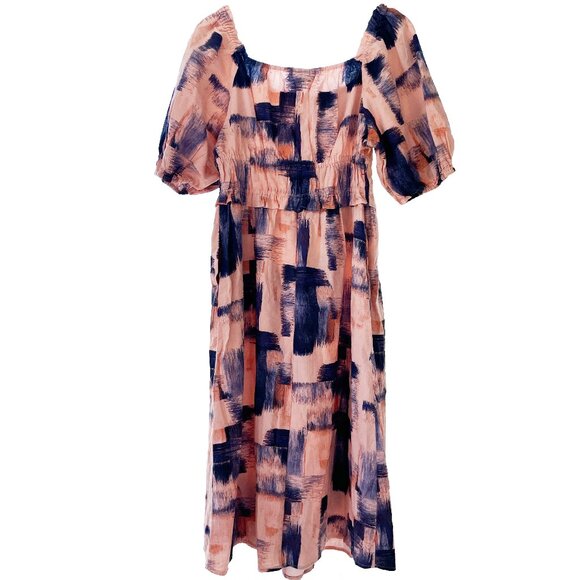 Universal Thread Small Navy Blue Pink Peach Dress Cotton Pockets Puff Sleeves - Picture 11 of 13